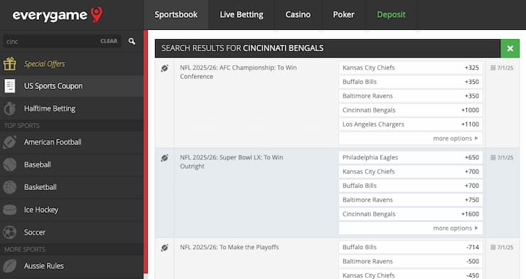 An image of the betting screen from Everygame, a popular online sportsbook in Ohio.